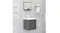 Modern bathroom vanity mirror with shelf above, white sink, towel rack, on a grey tiled wall Modern bathroom vanity mirror with shelf above, white sink, towel rack, on a grey tiled wall