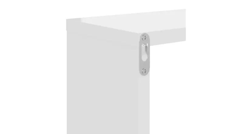Close‑up of the back corner of a gloss white cube shelf, showing integrated metal wall‑mounting hardware Close‑up of the back corner of a gloss white cube shelf, showing integrated metal wall‑mounting hardware