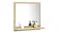 Square wooden bathroom mirror with built‑in shelf displaying toiletries and pump bottles Square wooden bathroom mirror with built‑in shelf displaying toiletries and pump bottles