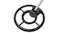 Close-up of the black circular search coil with cross‑brace spokes, attached to the lower pole Close-up of the black circular search coil with cross‑brace spokes, attached to the lower pole