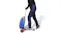 A person riding the scooter with the attached blue luggage trolley, pushing forward on the red handle A person riding the scooter with the attached blue luggage trolley, pushing forward on the red handle