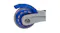 Close‑up of the scooter’s blue rear wheel with a blue brake cover and white frame Close‑up of the scooter’s blue rear wheel with a blue brake cover and white frame