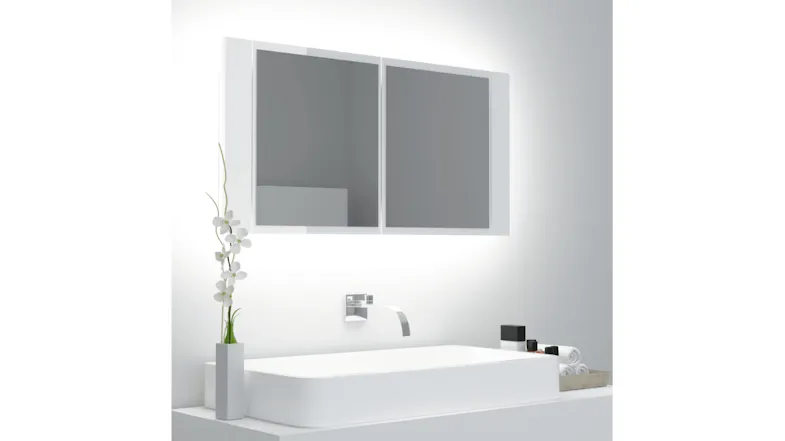 Mirror cabinet mounted above a sink, emitting a bright white backlit glow Mirror cabinet mounted above a sink, emitting a bright white backlit glow