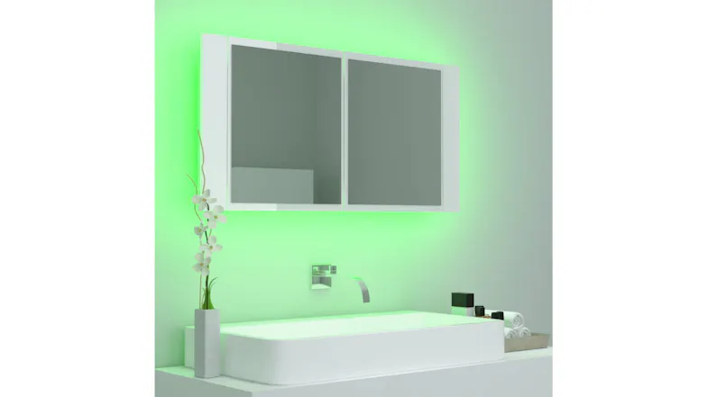 Bathroom interior view of the mirror cabinet with a neon green backlight Bathroom interior view of the mirror cabinet with a neon green backlight