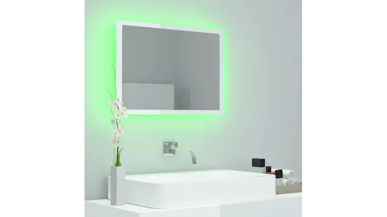 Bathroom interior view of the mirror with a neon green backlight Bathroom interior view of the mirror with a neon green backlight