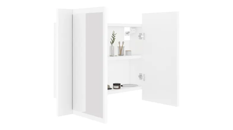 An open bathroom cabinet with a mirrored door and internal shelving An open bathroom cabinet with a mirrored door and internal shelving