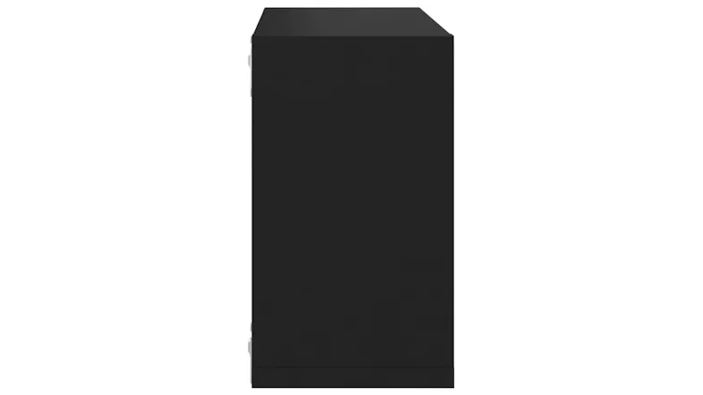Side profile of a black cube shelf, showing the solid rectangular structure Side profile of a black cube shelf, showing the solid rectangular structure