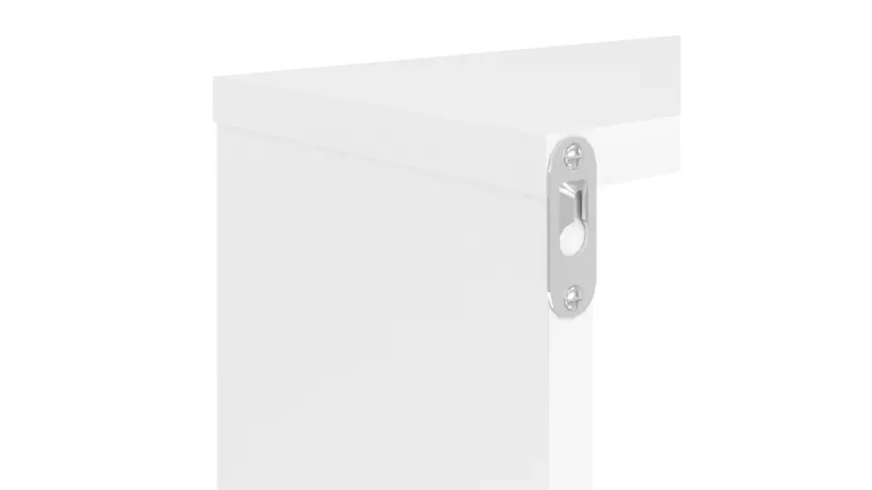 A close-up of a white shelf corner showing an attached metal keyhole bracket for hidden wall mounting A close-up of a white shelf corner showing an attached metal keyhole bracket for hidden wall mounting