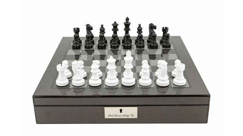 Dal Rossi 16" Black & White Chess Set - Carbon Fibre Shiny Finish Dal Rossi 16" Black & White Chess Set - Carbon Fibre Shiny Finish