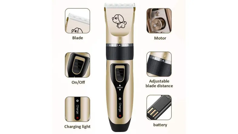 Pet clipper with labelled features including blade, motor, on/off switch, charging light, battery, and blade adjustment Pet clipper with labelled features including blade, motor, on/off switch, charging light, battery, and blade adjustment