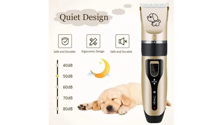 A quiet pet grooming clipper next to an illustration of a sleeping puppy, emphasising the low noise level A quiet pet grooming clipper next to an illustration of a sleeping puppy, emphasising the low noise level