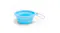 Blue collapsible silicone GiGwi portable pet bowl with a metal carabiner attached Blue collapsible silicone GiGwi portable pet bowl with a metal carabiner attached