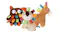 Three plush animal dog toys—an owl, a lion, and a horse—with colourful patterned fabric accents Three plush animal dog toys—an owl, a lion, and a horse—with colourful patterned fabric accents