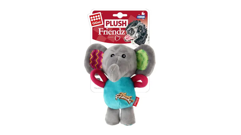 Gigwi plush elephant dog toy with colourful patterned ears, shown in retail packaging Gigwi plush elephant dog toy with colourful patterned ears, shown in retail packaging
