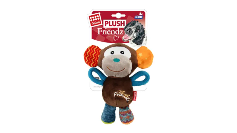 Gigwi plush monkey dog toy with colourful patterned ears and blue fabric handles in retail packaging Gigwi plush monkey dog toy with colourful patterned ears and blue fabric handles in retail packaging