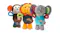Three plush animal dog toys—a monkey, a lion, and an elephant—with colourful patterned accents Three plush animal dog toys—a monkey, a lion, and an elephant—with colourful patterned accents