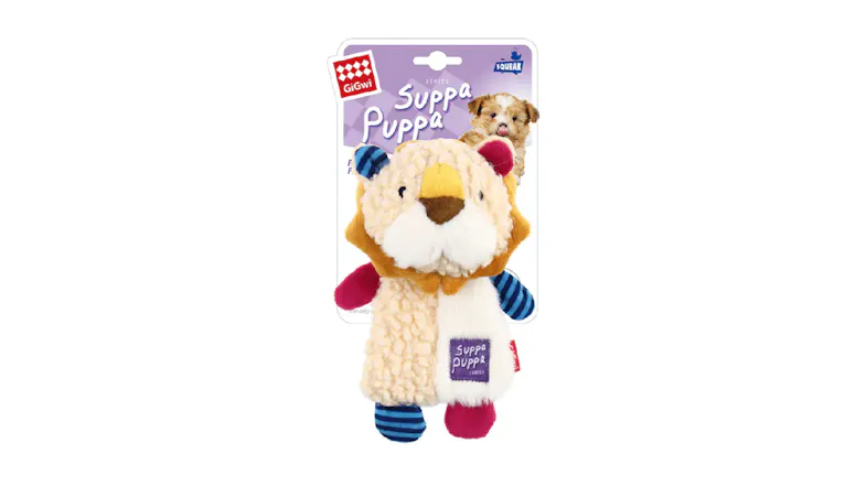Plush Gigwi lion‑like dog toy with colourful limbs shown in retail packaging labelled ‘Suppa Puppa” Plush Gigwi lion‑like dog toy with colourful limbs shown in retail packaging labelled ‘Suppa Puppa”