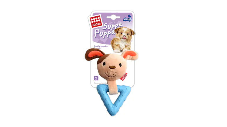 A plush dog toy with a pink ring handle on GiGwi Suppa Puppa packaging A plush dog toy with a pink ring handle on GiGwi Suppa Puppa packaging