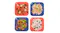 Four red and blue lick mats filled with different foods, arranged in a 2×2 grid Four red and blue lick mats filled with different foods, arranged in a 2×2 grid