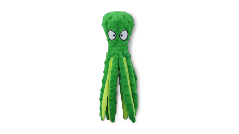 A whimsical green octopus-shaped plush toy with eight tentacles. A whimsical green octopus-shaped plush toy with eight tentacles.