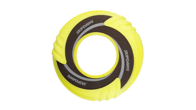 A yellow and black circular dog fetch Skipdawg DuroFlex Disk, featuring textured edges and a centre opening A yellow and black circular dog fetch Skipdawg DuroFlex Disk, featuring textured edges and a centre opening