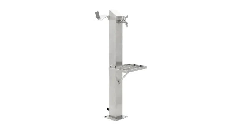 A modern stainless steel NNEVL garden water column with a faucet and a small shelf A modern stainless steel NNEVL garden water column with a faucet and a small shelf