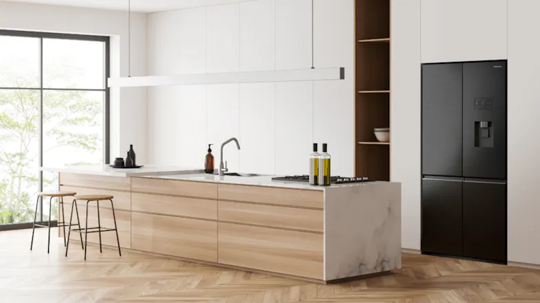 Panasonic quad door smart fridge freezer in a modern kitchen setting Panasonic quad door smart fridge freezer in a modern kitchen setting