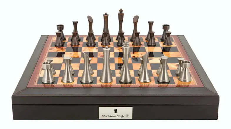 Dal Rossi 18" Staunton Metal Chess Set - Black PU Leather Edge Dal Rossi 18" Staunton Metal Chess Set - Black PU Leather Edge