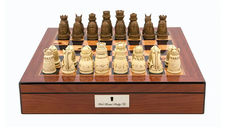 Dal Rossi 16" Chess Set Medieval Resin - Brown PU Leather Edge Dal Rossi 16" Chess Set Medieval Resin - Brown PU Leather Edge