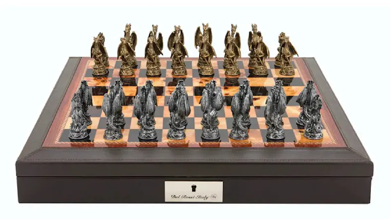 Dal Rossi 18" Dragon Pewter Chess Set - Brown PU Leather Edge Dal Rossi 18" Dragon Pewter Chess Set - Brown PU Leather Edge