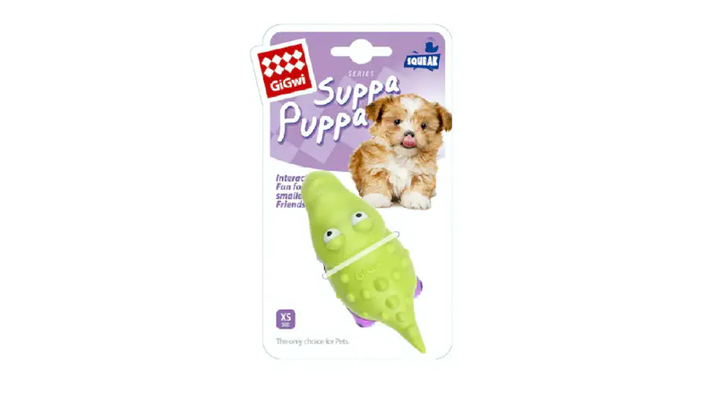 A packaged Gigwi Rubber dog toy shaped like a green cartoon alligator with textured bumps on a purple-backed card featuring a puppy photo A packaged Gigwi Rubber dog toy shaped like a green cartoon alligator with textured bumps on a purple-backed card featuring a puppy photo