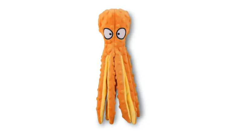 A whimsical orange octopus-shaped plush toy with eight tentacles. A whimsical orange octopus-shaped plush toy with eight tentacles.