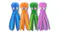 A lineup of four colourful octopus toys in blue, orange, green, and purple. A lineup of four colourful octopus toys in blue, orange, green, and purple.