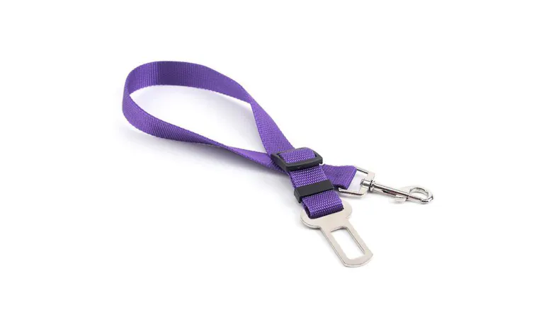A purple adjustable dog harness made of durable nylon with a silver metal clip and car seatbelt buckle. A purple adjustable dog harness made of durable nylon with a silver metal clip and car seatbelt buckle.