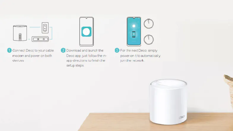 TP-Link DecoA three-step setup guide for the Deco router, showing connection to modem, app download, and power-on steps. X50 AX3000 Dual-Band Mesh Wi-Fi 6 Router - 1 Pack (White) TP-Link DecoA three-step setup guide for the Deco router, showing connection to modem, app download, and power-on steps. X50 AX3000 Dual-Band Mesh Wi-Fi 6 Router - 1 Pack (White)