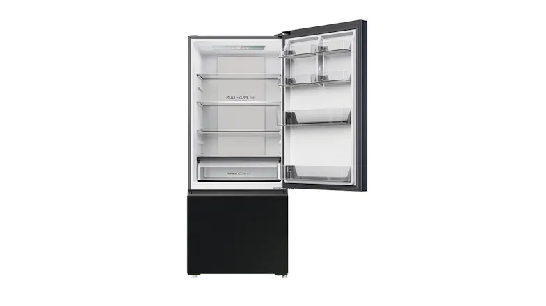 Haier fridge with the top door open, revealing Multi-Zone Air shelving and a Humidity Zone drawer Haier fridge with the top door open, revealing Multi-Zone Air shelving and a Humidity Zone drawer