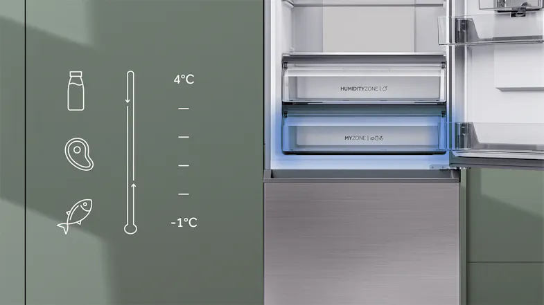 Icon overlay showing milk, meat, and fish temperature zones in a Haier bottom mount fridge Icon overlay showing milk, meat, and fish temperature zones in a Haier bottom mount fridge