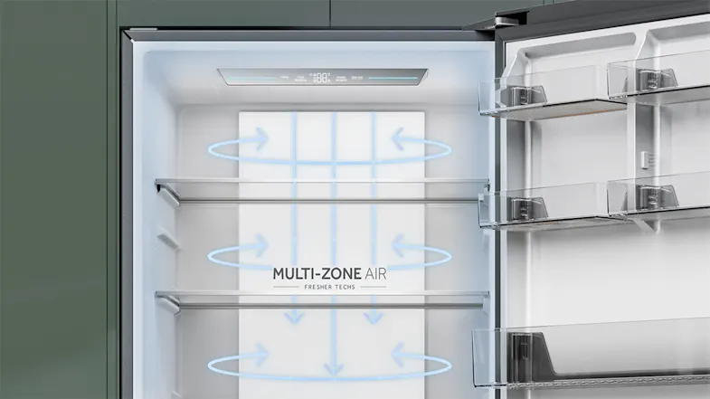 Diagram showing Multi-Zone Air flow technology inside the Haier 500 Series refrigerator Diagram showing Multi-Zone Air flow technology inside the Haier 500 Series refrigerator