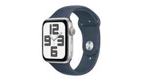 Apple Watch SE (3rd Gen) - Silver Aluminium Case with Storm Blue Sport Band (44mm, GPS, Bluetooth, Small-Medium Band)