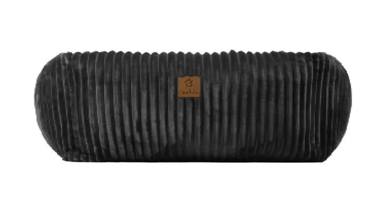 Top view of a corduroy square pet bed with plush padded centre and raised sides Top view of a corduroy square pet bed with plush padded centre and raised sides