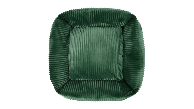 Top view of a green corduroy square pet bed with plush padded centre and raised sides Top view of a green corduroy square pet bed with plush padded centre and raised sides