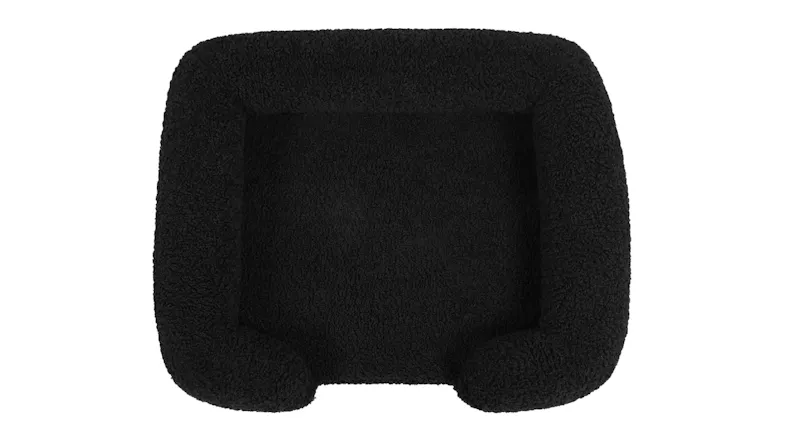 Top view of a charcoal-finish fleece pet bed with raised cushioned sides Top view of a charcoal-finish fleece pet bed with raised cushioned sides