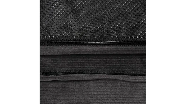 Close-up of dark grey pet bed fabric showing textured corduroy material, sturdy zipper closure, and non-slip dotted bottom panel Close-up of dark grey pet bed fabric showing textured corduroy material, sturdy zipper closure, and non-slip dotted bottom panel