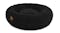Side view of a Round black plush pet bed with soft raised edges Side view of a Round black plush pet bed with soft raised edges