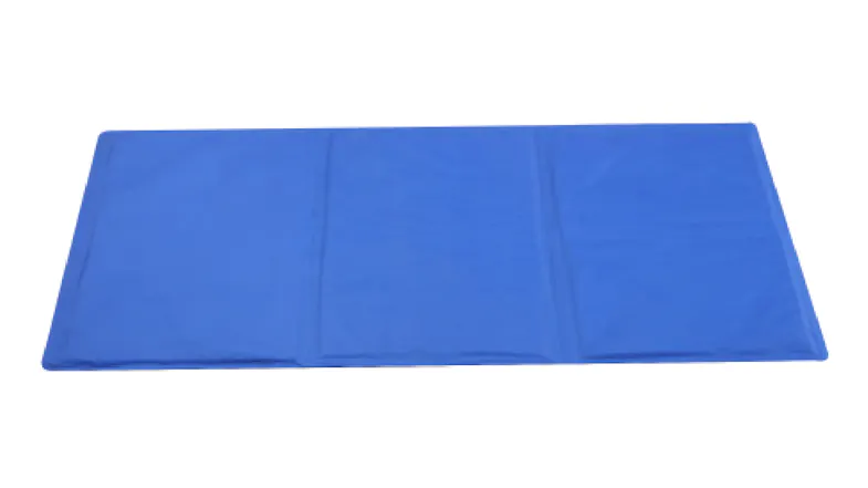 An extra-large blue cooling pet mat lay flat, showing its foldable panel design and smooth surface An extra-large blue cooling pet mat lay flat, showing its foldable panel design and smooth surface