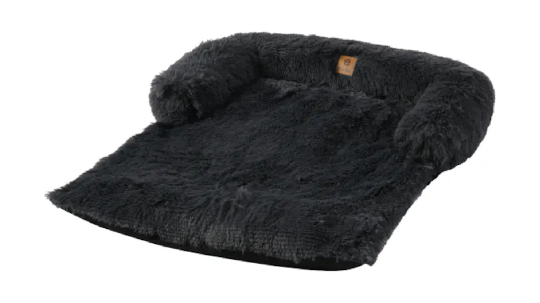 Side view of a charcoal-finish pet bed with a shaggy surface and raised bolstered back and sides Side view of a charcoal-finish pet bed with a shaggy surface and raised bolstered back and sides