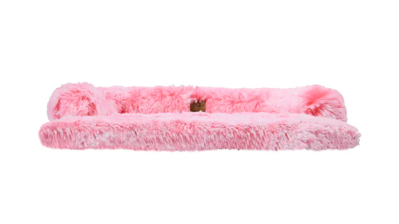 A close‑up of the pink shaggy faux fur pet bed bolster, highlighting the thick padding and soft, fluffy texture A close‑up of the pink shaggy faux fur pet bed bolster, highlighting the thick padding and soft, fluffy texture