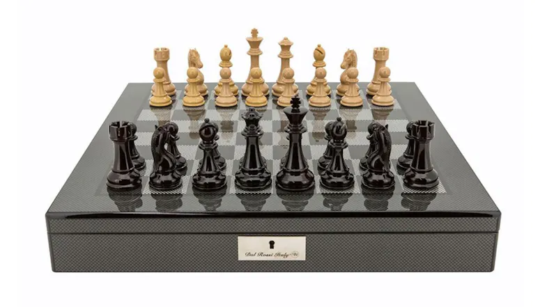 Dal Rossi 20" Ebony & Box Wood Chess Set - Carbon Fibre Shiny Finish Dal Rossi 20" Ebony & Box Wood Chess Set - Carbon Fibre Shiny Finish
