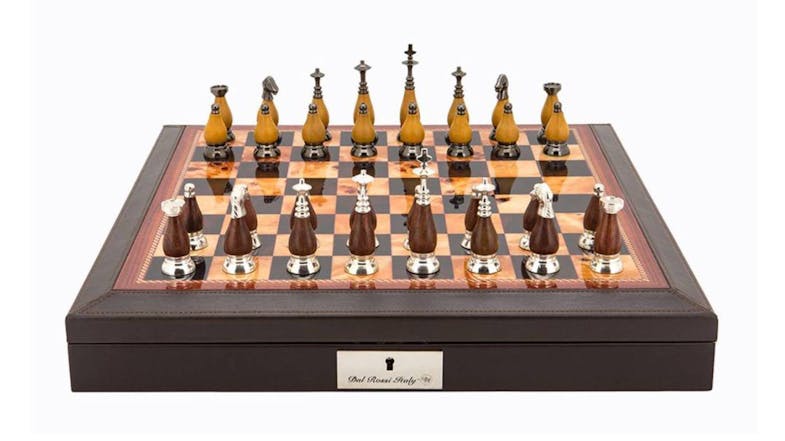 Dal Rossi 18" Staunton Metal/Wood Chess Set - Brown PU Leather Edge Dal Rossi 18" Staunton Metal/Wood Chess Set - Brown PU Leather Edge