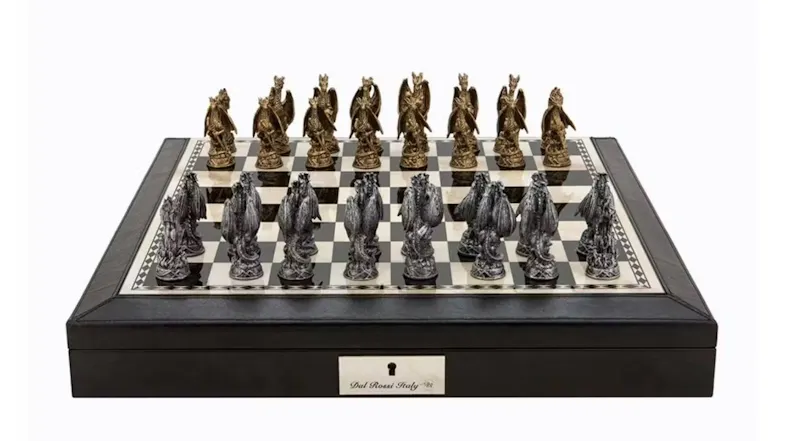 Dal Rossi 18" Dragon Pewter Chess Set - Black PU Leather Edge Dal Rossi 18" Dragon Pewter Chess Set - Black PU Leather Edge